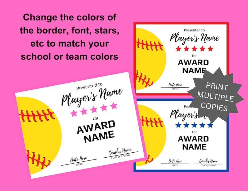 EDITABLE Softball Award Certificates Softball Awards End of Year Awards