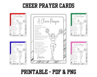 May include: Printable cheer prayer cards in red, blue, green, and pink. Each card features a cheerleader with pom-poms and a prayer for a successful cheerleading season. The text on the cards reads: "A Cheer Prayer. As we cheer with all our might, Guide our voices strong and bright. Help us lift the crowd with cheer, And bring our spirit close and near. In every chant and every jump, Let us shine, no matter the bump. Bless our team with joy and grace, And keep us safe in every place. Amen."