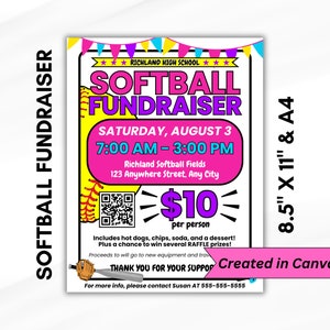 Softball Fundraiser Flyer Event | Alle Elemente können vollständig bearbeitet werden | Druckbar Zwei Größen | Fun Fundraision |Homerun | Spenden | QR-Code