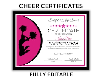 CHEER AWARD Editable Certificates | Celebrate Your Cheerleaders&#39; Achievements with Personalized Awards | Cheer MVP | End of Year