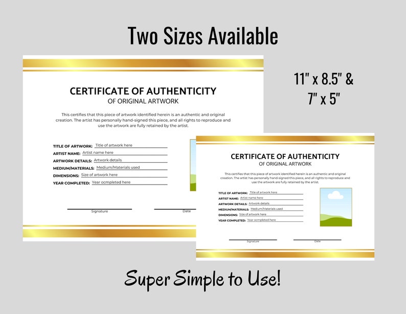 Artwork Certificate of Authenticity Template Digital Download ...