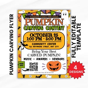 May include: A Halloween-themed flyer with the text "Pumpkin Carving Contest." The flyer is orange and yellow, with a pumpkin graphic, ghosts, and bats. It includes event details: October 25, 1:00 PM - 5:00 PM, and the Community Center address.