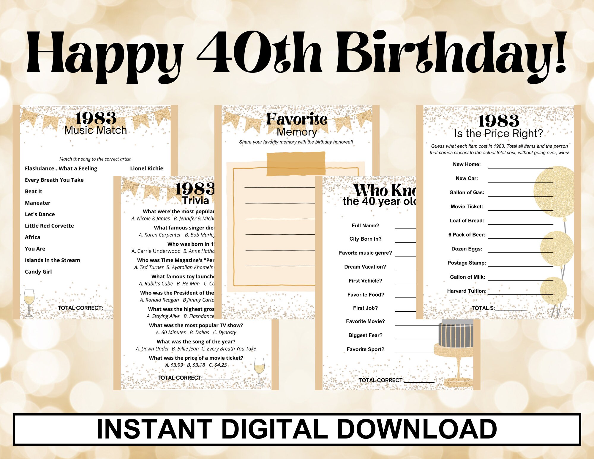 40th BIRTHDAY PARTY GAMES Glitter and Gold Party 5 Game - Etsy