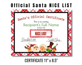 SANTA'S NICE LIST Certificate | Vintage Santa | Vintage Mrs Claus | Christmas Gift | Xmas Card | Child's Gift | Holiday Printable for Kids