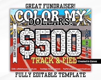 Może przedstawiać: Kolorowy szablon zbiórki pieniędzy z tekstem "COLOR MY DOLLARS!" i "$500 TRACK & FIELD". Projekt zawiera tło lekkoatletyczne, ze słowami "GREAT FUNDRAISER!" i "FULLY EDITABLE TEMPLATE".