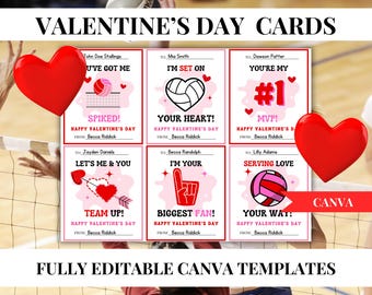 May include: Six printable Valentine's Day cards featuring volleyball-themed illustrations and puns. The cards are pink and red with white text. The text on the cards includes "You've got me spiked!" "I'm set on your heart!" "You're my #1 MVP!" "Let's me & you team up!" "I'm your biggest fan!" and "Serving love your way!"
