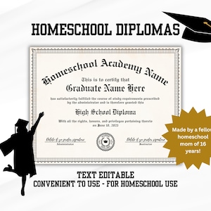 May include: Homeschool diploma template with text that reads "Homeschool Academy Name" and "High School Diploma." The design includes a graduation cap, a silhouette of a graduate, and the text "Text Editable - Convenient to use - for homeschool use."