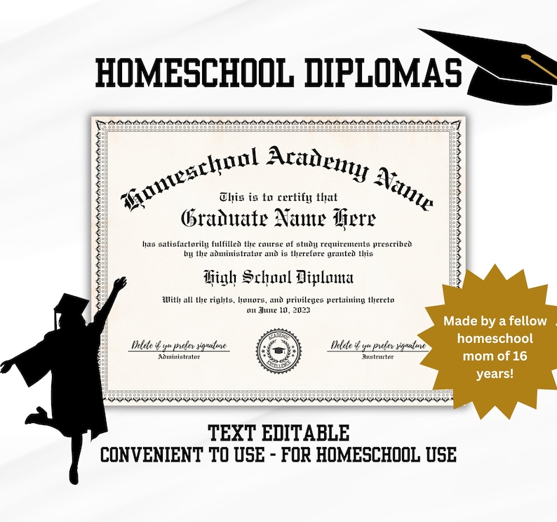 May include: Homeschool diploma template with text that reads "Homeschool Academy Name" and "High School Diploma." The design includes a graduation cap, a silhouette of a graduate, and the text "Text Editable - Convenient to use - for homeschool use."