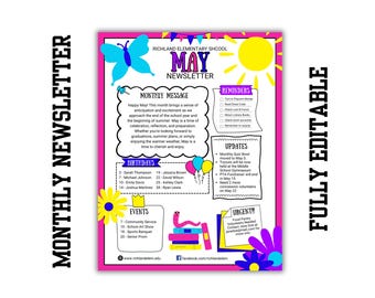 MAANDELIJKSE NIEUWSBRIEF VAN MEI, alle elementen kunnen worden bewerkt, ideaal voor scholen, clubs, thuisonderwijscoöperaties, kerken, kinderdagverblijven en organisaties!