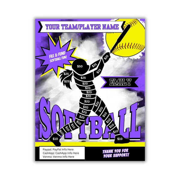 SOFTBALL Fill & Fund Fundraiser Editable | Softball Fundraiser Sheet | AAU Softball | Softball Elite | Fill In Fundraiser | Purple