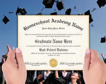 Homeschool High School Diploma Template, Printable Graduation Homeschooler Certificate, Home Education Achievement, Gold Border and Seal