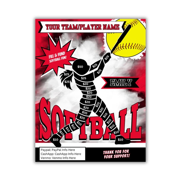 SOFTBALL Fill & Fund Fundraiser Editable | Softball Fundraiser Sheet | AAU Softball Fundraiser | Softball Elite | Fill In Fundraiser | Red