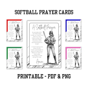 Può includere: Carte di preghiera per softball stampabili in rosso, blu, verde e rosa con un'illustrazione in bianco e nero di una giocatrice di softball. Il testo sulle carte recita "A Softball Prayer" e include una preghiera per una squadra di softball.