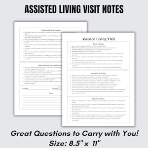 May include: A printable checklist with questions to ask when visiting an assisted living facility. The checklist is divided into sections: Dining and Meal Options, Basic Resident Care and Security, Room Options, Amenities/Activities, and Finances & Fees. The checklist is 8.5 inches by 11 inches.