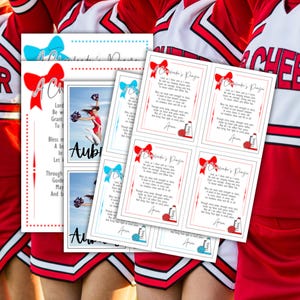 May include: Four printable cards with a cheerleaders prayer on each. The cards are white with a red and blue bow at the top. The text on the cards is black. The cards are surrounded by three cheerleaders wearing red and white uniforms.