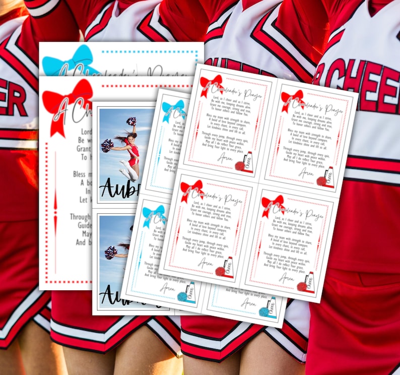 May include: Four printable cards with a cheerleaders prayer on each. The cards are white with a red and blue bow at the top. The text on the cards is black. The cards are surrounded by three cheerleaders wearing red and white uniforms.