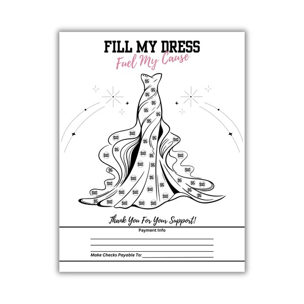 Fill My DRESS Fundraiser | High School Prom | Pageant | Ball Gown | Printable 8.5" x 11" | Color-In Donation Spots | Instant Download |