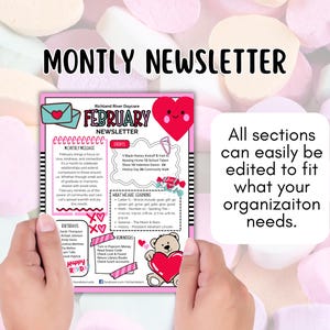 以下が含まれることがあります： 保育園向けのピンクと白の2月のニュースレターテンプレート。ニュースレターには、毎月のメッセージ、イベント、学習内容、誕生日、リマインダーが含まれています。ニュースレターには、ハートを持ったクマの漫画が描かれています。