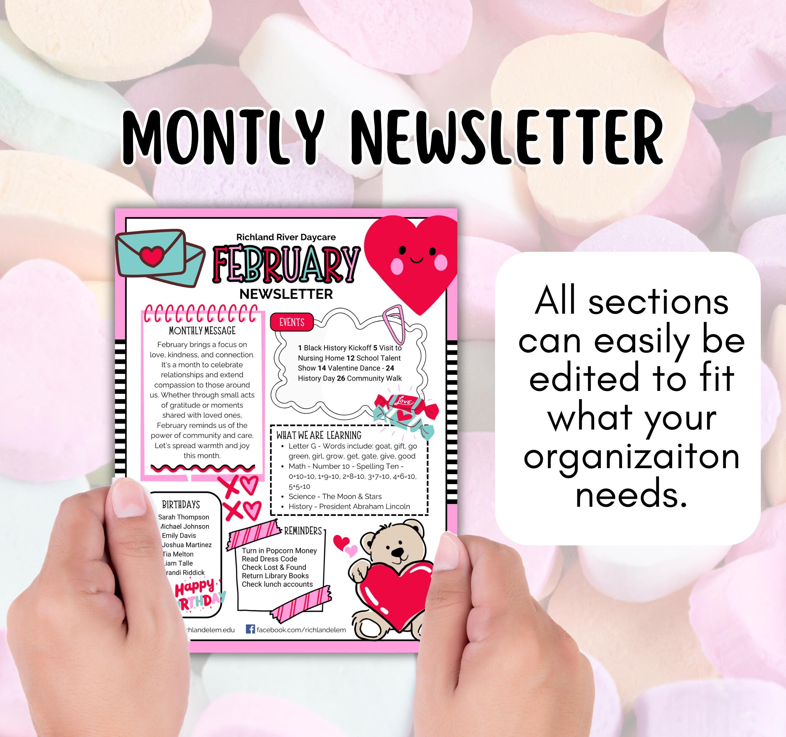 FEBRUARY MONTHLY NEWSLETTER, All elements are editable, Great for schools, clubs, homeschool co-ops, churches, daycares, and organizations!