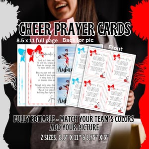 May include: Printable cheer prayer cards in two sizes, 8.5 inches by 11 inches and 3.75 inches by 5 inches. The cards are fully editable and feature a red, white, and blue color scheme. The text on the cards reads "A Cheerleader's Prayer" and includes a prayer for cheerleaders. The cards also feature a space for a photo.