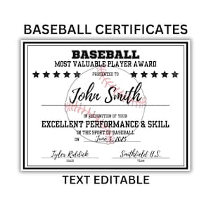 Baseball EDITABLE Certificates |  Baseball Awards | End of Year Awards | Participation Awards | Baseball MVP Award | baseball AAU