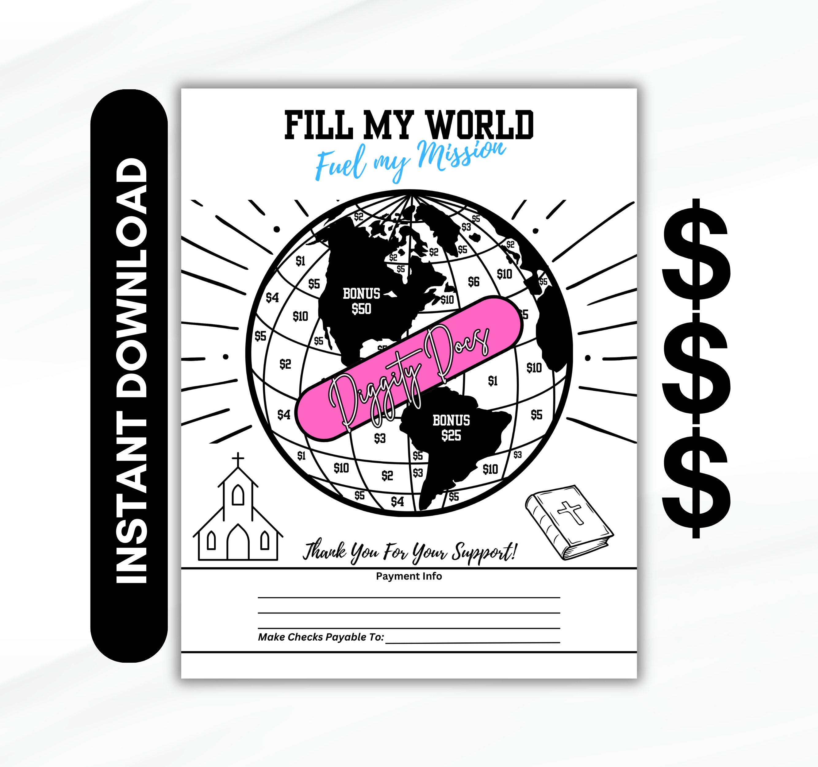 CHURCH MISSION Fundraiser Printable FILL My World Church Missionary Color in Donations Christian ...