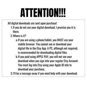 May include: A white text box with black text explaining how to access digital downloads after purchase. The text includes instructions for accessing downloads on a phone, tablet, or computer. It also explains how to access downloads if you paid using Apple Pay.