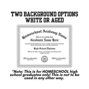 May include: A diploma certificate with the text "Homeschool Academy Name" and "High School Diploma". The certificate includes space for a graduate's name and the date June 10, 2023. The text "TWO BACKGROUND OPTIONS WHITE OR AGED" is at the top.