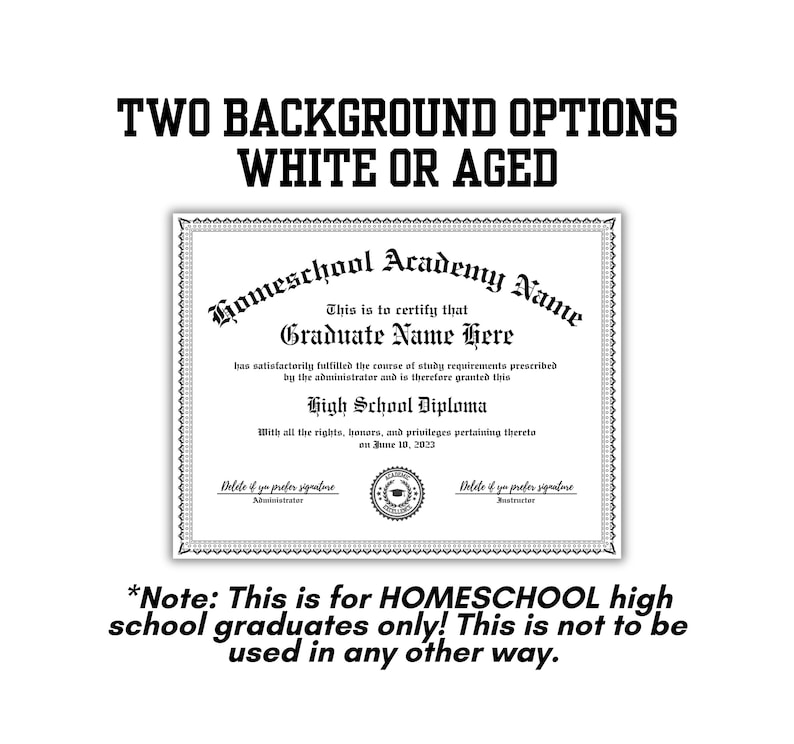 May include: A diploma certificate with the text "Homeschool Academy Name" and "High School Diploma". The certificate includes space for a graduate's name and the date June 10, 2023. The text "TWO BACKGROUND OPTIONS WHITE OR AGED" is at the top.