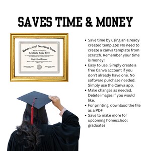 May include: Image features a diploma in a gold frame, a graduation cap, and the text "SAVES TIME & MONEY." The diploma is for "Homeschool Academy" and includes space for a graduate's name. The cap has a red tassel.