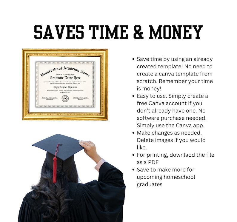 May include: Image features a diploma in a gold frame, a graduation cap, and the text "SAVES TIME & MONEY." The diploma is for "Homeschool Academy" and includes space for a graduate's name. The cap has a red tassel.
