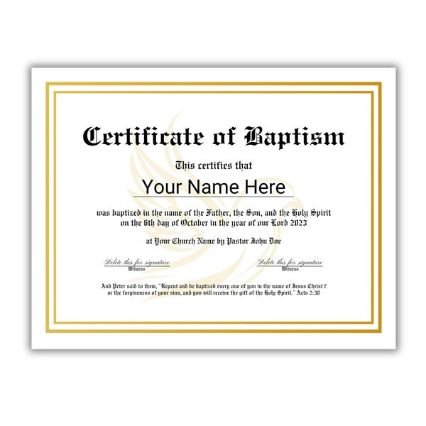 BAPTISM CERTIFICATE TEMPLATE customizable| Personalized Baptismal Record | Printable Church Baptism Certificate | Baptismal Ceremony Dove