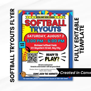 Puede incluir: Un folleto colorido para las pruebas de softbol en la escuela secundaria Richland. El folleto es azul, rojo y amarillo con un gráfico de béisbol y un código QR. El texto dice "Softball Tryouts" y "Sábado, 3 de agosto, 3:00 PM - 6:00 PM".