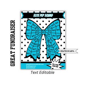May include: A blue and black bow with dollar amounts written on it. The bow is on a white background with black polka dots. The text "ELITE PEP SQUAD" is at the top of the image. The text "GREAT FUNDRAISER" is on the left side of the image. The text "Text Editable" is at the bottom of the image.