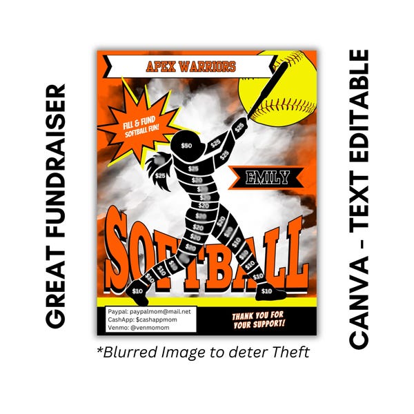 SOFTBALL Fill & Fund Fundraiser Editable| Softball Fundraiser Sheet | AAU Softball Fundraiser | Softball Elite | Fill In Fundraiser | ORANGE