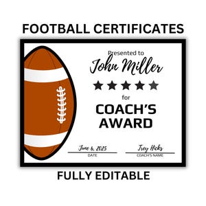 Football Award Certificates EDITABLE |  Football Awards | End of Year Awards | Participation Awards | Football MVP Award | Youth Football