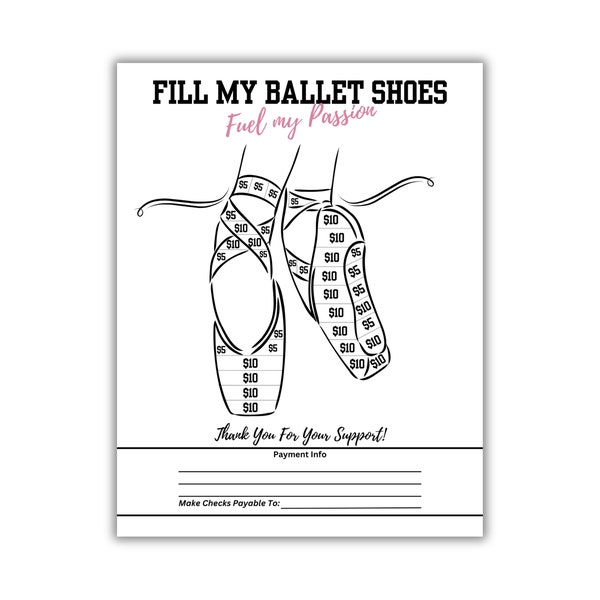 Fill My BALLET SHOES Fundraiser | Printable 8.5" x 11" | Color-In Donation Spots | Instant Download | Fun Fundraising | DANCE | Studio