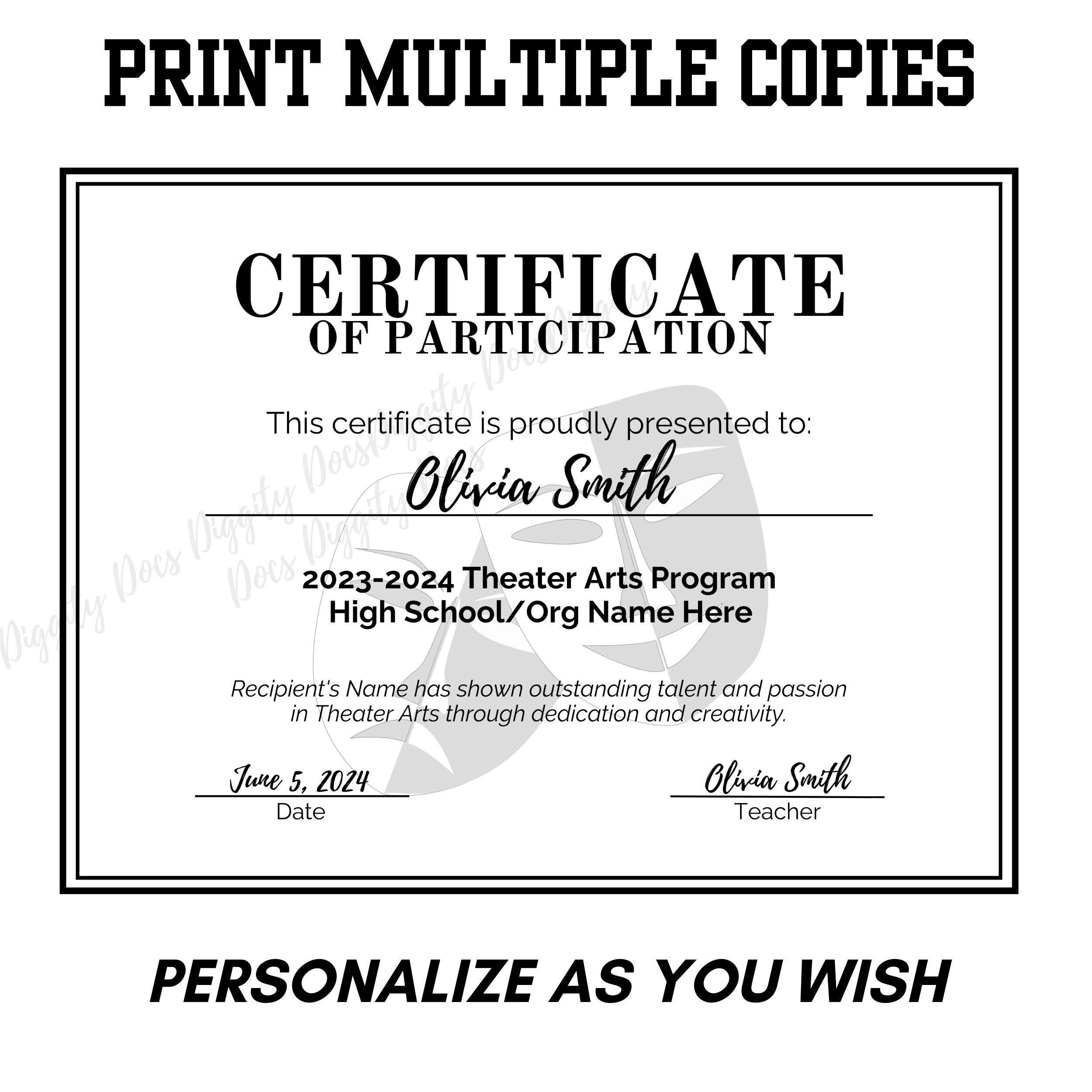 EDITABLE Theater Arts Certificate of Participation Drama Club Creative ...