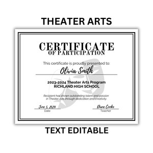EDITABLE Theater Arts Certificate of Participation | Drama Club | Creative Arts | High School Drama Club | Printable | School Awards