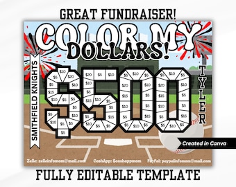 Puede incluir: Un juego de recaudación de fondos imprimible con temática de béisbol con el texto "Color My Dollars!" y "Smithfield Knights" en un fondo de campo de béisbol. El tablero de juego tiene un diamante de béisbol con una pelota de béisbol y un bate. El tablero de juego está dividido en cuadrados con cantidades en dólares de $ 5 a $ 20. El texto "Tyler" está en el lado derecho del tablero. El texto "Creado en Canva" está en la parte inferior del tablero. El texto "Zelle: zelleinfomom@mail.com CashApp: Scashappmom PayPal: paypalinfomom@mail.com" está en la parte inferior del tablero. El texto "PLANTILLA TOTALMENTE EDITABLE" está en la parte inferior del tablero.