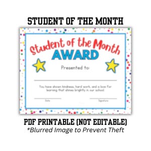 STUDENT of the MONTH Certificate - School Award Printable PDF | School Recognition Award | Colorful School Award | Super Star