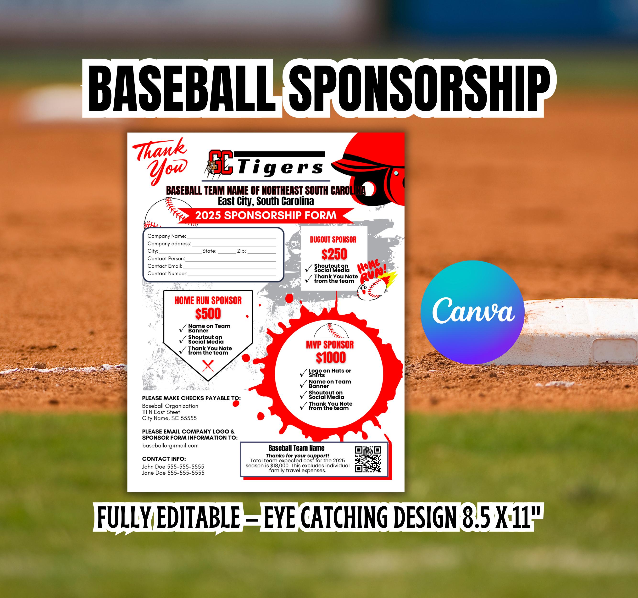 Baseball Sponsorship Flyer Template, Sponsor My Season, Editable Canva Fundraiser Form, Teams, Schools, AAU & Leagues, Sports Sponsor Sheet