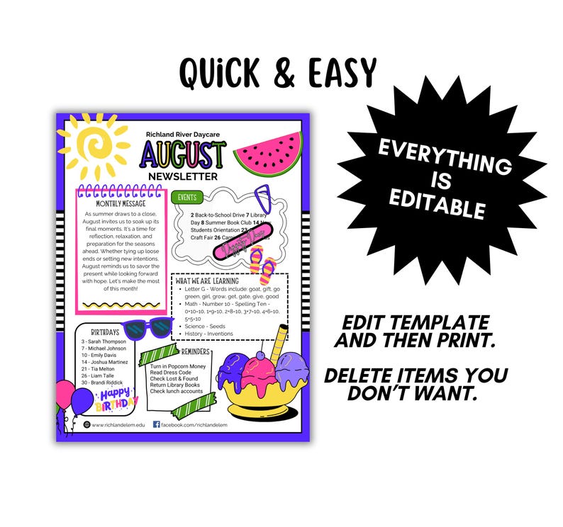 AUGUST MONTHLY NEWSLETTER, All Elements Are Editable, Great for Schools ...