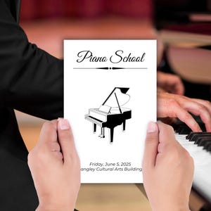 Puede incluir: Una ilustración en blanco y negro de un piano de cola en una tarjeta blanca con el texto "Piano School" y "Friday, June 5, 2025 Langley Cultural Arts Building".