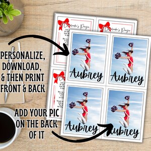 May include: Printable cheerleading prayer card with a red bow and the text "Cheerleader's Prayer". The back of the card has a space for a photo and the name "Aubrey" printed in black.