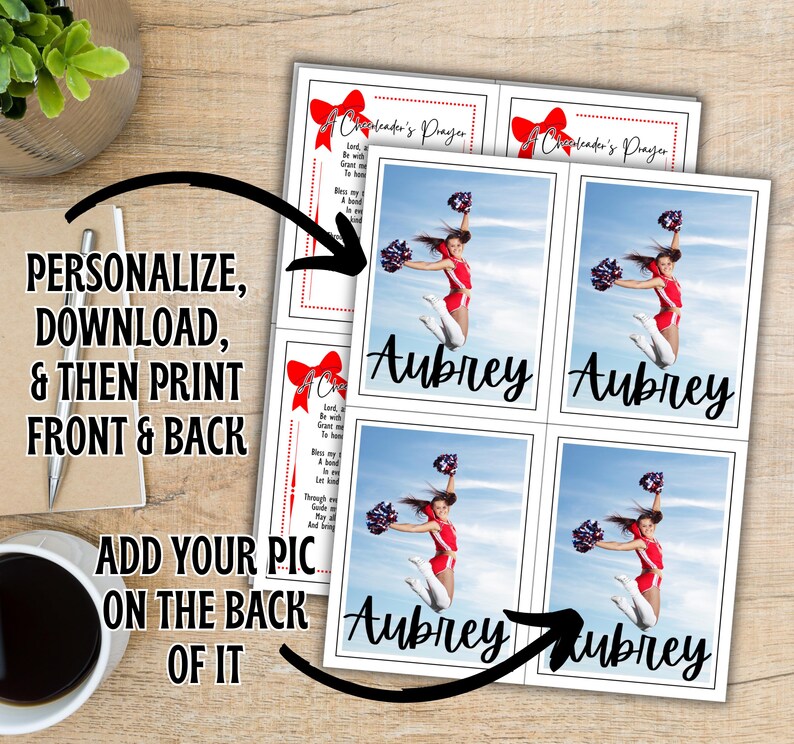 May include: Printable cheerleading prayer card with a red bow and the text "Cheerleader's Prayer". The back of the card has a space for a photo and the name "Aubrey" printed in black.
