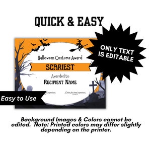 Halloween Costume Award Certificates Best Costume, Scariest, Most Creative Digital Download ...