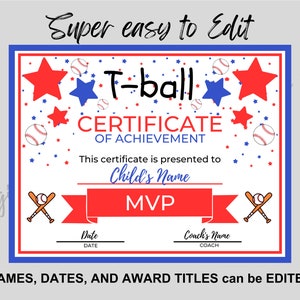T-BALL EDITABLE Award Certificates Cute Red &amp; Blue - Etsy