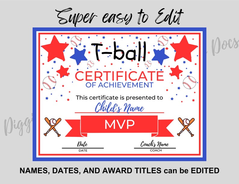 T BALL EDITABLE Award Certificates Cute Red Blue Etsy T BALL EDITABLE Award Certificates Cute Red Blue Etsy