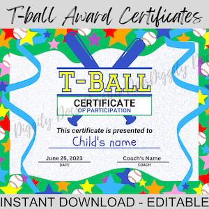 Editable T-ball Certificate Awards Personalize &amp; Celebrate - Etsy